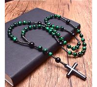 XFLSDHGD Light Blue Tiger Eye Onyx Rosary Bead Long Necklaces for Men Hematite Cross Pendant Necklace Meditation Jewelry,Green Tiger Eye