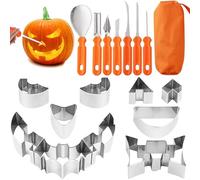 XFLYP 18PCS Halloween Pumpkin Carving Kit, 7 Pumpkin Carving Set with 10 Pumpkin Carving Stencils and 1 Storage Bag, Stainless Steel Pumpkin Making Tool Set Cookie Cutter Moulds for Halloween DIY