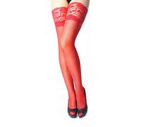 Xfome Style Women's Lace Top Sheer Thigh High Silk Stockings, Red, One size
