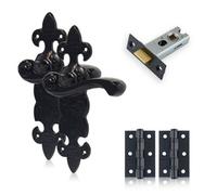 Xfort Black Antique Fleur De Lys Door Handles With Tubular Latch & Butt Hinges