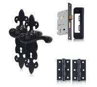 Xfort Black Antique Fleur De Lys Lock Door Handles With Sash Lock & Butt Hinges