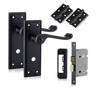 XFORT Black Beauty Range Matt Black Hanoverian Bathroom Pack, Georgian Style Complete Set with Handles, 65mm Mortice Lock and 75mm Ball Bearing Hinges, for Internal Wooden Doors