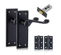 XFORT Black Beauty Range Matt Black Hanoverian Lever Latch Door Pack, Georgian Style Complete Set with Door Handles, 65mm Tubular Latch and 75mm Ball Bearing Hinges, for Internal Wooden Doors