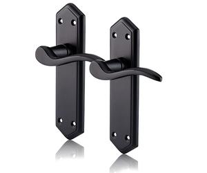 XFORT Black Beauty Range Matt Black London Suite Lever Latch Handles, Shaped Long Backplate Door Handles, Contemporary Door Handle Set for Internal Wooden Doors (1 Pair)