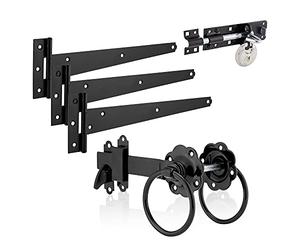 XFORT Black Ring Latch Set with T-Hinges, Brenton Bolt & Discus Padlock, Heavy-Duty Garden Fittings for Hanging Wooden Gates, Complete Set with Ring Latch, T Hinges & Padbolt Lock
