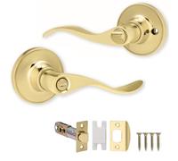 XFORT Cabriole Privacy Knob Set Polished Brass, Keyless Door Knob with Lock for Internal Wooden Bathroom Doors, Complete Set with Tubular Latch