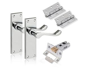 XFORT Chrome Elegance Range Polished Chrome 6" Victoran Scroll Lever Latch Door Pack, Complete Set with Door Handles, 65mm Tubular Latch and 75mm Ball Bearing Hinges, for Internal Wooden Doors