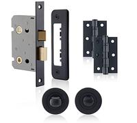 XFORT Complete Matt Black Bathroom Door Accessory Pack, Includes 65mm Mortice Bathroom Lock, 75mm Ball Bearing Hinges and Thumb Turn & Release Set, for Internal Bathroom Doors.