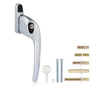 XFORT Cranked Locking Window Handle Installation Kit in Polished Chrome, Right Hand UPVC Window Handle Replacement, Offset Lockable Window Lever