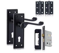 Xfort Matt Black Hanoverian Lever Lock Handles Pack With Hinges & Sashlock