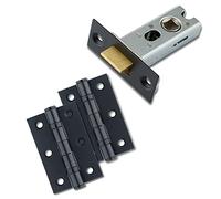 XFORT Matt Black Tubular Latch Door Accessory Pack, Includes 65mm Black Mortice Tubular Latch and Matching 75mm Ball Bearing Hinges, for Internal Wooden Doors.