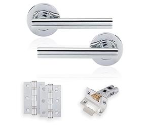 XFORT Polished Chome Liberty Lever On Rose Latch Pack, Complete Set With T-Bar Door Handles, 65mm Tubular Latch And 75mm Ball Bearing Hinges, Door Handle Set For Home And Office.