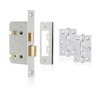 XFORT Polished Chrome Bathroom Lock Accessory Pack, Includes 65mm Polished Chrome Bathroom Lock and Matching 75mm Ball Bearing Hinges, for Internal Wooden Doors.