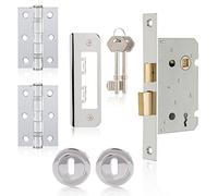 XFORT Polished Chrome Lever On Rose Locking Door Accessory Pack, Includes 65mm Polished Chrome Sashlock with Matching 75mm Ball Bearing Hinges and Escutcheons, for Internal Wooden Doors.