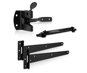 XFORT Premier Auto Gate Latch Black Pack, Complete with 300mm T-Hinges & 8" Gate Spring, Weather Resistant Garden Gate Kit, Auto Gate Latch Set, Gate Fitting Kit Ideal for External Wooden Garden Gates