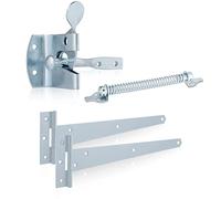 XFORT Premier Auto Gate Latch Zinc Pack, Complete With Two 300mm T-Hinges, One 8" Gate Spring, Weather Resistant Garden Gate Kit, Auto Gate Latch Set, Gate Fitting Kit For External Wooden Garden Gates