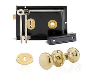 XFORT Premium Range 6"x 4" Traditional Black Rim Lock Set with Polished Brass Rim Knob, Surface Door Lock with Latch, Shed Lock with Key, Vintage Garden Gate Lock, for External Sheds, Gate or Doors