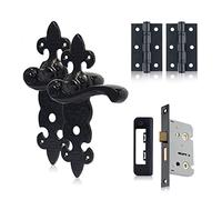 XFORT Smithy's Range Fleur De LYS Lever Bathroom Pack Black Antique, Complete Set with Bathroom Handles, 65mm Mortice Bathroom Lock and 75mm Hinges, Door Handles Set for Internal Wooden Doors.