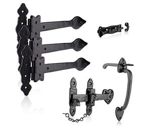XFORT Smithy's Range Thumb Gate Latch Set Black Antique, Complete Cast Iron Gate Pack with 300mm Hinges, Straight Bolt and Suffolk Latch, Traditional Cast Iron Set Suitable for Shed and Gate Doors.