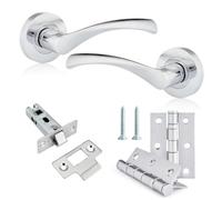 XFORT Warped Door Handle Latch Pack Includes Warped Lever on Rose Door Handles, 65mm Tubular Latch & 2 Hinges, Complete Internal Door Handle Set - Polished Chrome