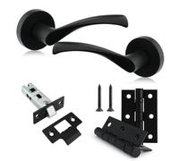 XFORT Warped Door Handle Latch Pack Includes Warped Lever on Rose Door Handles, 65mm Tubular Latch & 2 Hinges, Complete Internal Door Handle Set - Matt Black