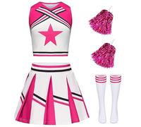 XFOZDM Cheerleader Costume Children's Cheerleader Costume Girls Outfit Cheerleading Uniform Dress with Pompoms and Socks Fancy Dress Costumes Children Carnival Halloween Cosplay Party Pink 130