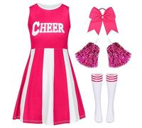 XFOZDM Cheerleader Costume Children's Girls Cheerleader Costume Outfit Cheerleading Uniform Dress with Hair Tie Pompoms and Socks Fancy Dress Costumes Children Carnival Halloween Party Pink 120