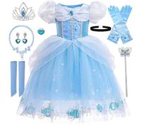 XFOZDM Costume Princess Cinderella Girls Dress Cinderella Costume Blue Child with Crown Princess Necklace Set for Halloween Carnival Party Birthday Christmas Cosplay Dress, S02-100cm