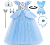 XFOZDM Costume Princess Cinderella Girls Dress Cinderella Costume Blue Child with Crown Princess Necklace Set for Halloween Carnival Party Birthday Christmas Cosplay Dress, S01-150cm