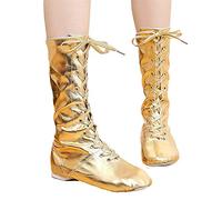 XFQ Kids' Dance Boots, High Top Soft Leather Ballet Shoes Adult Jazz Dance Shoes,Gold,36