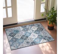 Xfrog Moroccan Floral Area Rug, 60x110cm Entryway Rug Non-Slip Washable Small Rug, Ultra Soft Antique Print Vintage Distressed Low-Pile Indoor Door Mat Floor Blue Carpet for Entrance Kitchen Bathroom