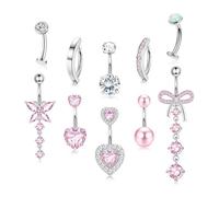 XFSRG 10 Pieces 14G Navel Piercing for Women Dangle Bauchnabel Piercing Heart Butterfly Rings for Navel Set Pendant Body Summer Beach, Stainless Steel