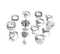 XFSRG 13 Pieces Vintage Bohemian Hollow Cut Flower Knuckle Rings Set for Women Girls Moon Crystal Stone Rhinestone Turquoise, one size, Metal, Alloy