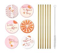 XFSRG 6 Pieces Coasters 6 Pieces Straws Place Suitable for Bar Accessories and Table Decoration Coasters (Pink and Gold)