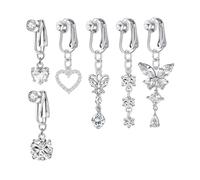 XFSRG 6 Pieces Fake Belly Button Piercing Without Hole Copper Hypoallergenic Belly Button Piercing Jewelry Set Heart Butterfly Diamond Long Belly Jewelry Women, Copper
