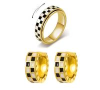 XFSRG Chessboard Jewellery Set for Women Black White Ring Made of Stainless Steel and Hypoallergenic Huggie Earrings for Daily Use Parties or as a Gift, Stainless Steel