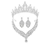 XFSRG Elegant Bridal Jewellery Set 3 Pieces with Sparkling Crown V Shaped Necklace and Teardrop Earrings Luxury Wedding Jewellery for Special Occasions, Alloy Steel