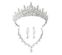 XFSRG Elegant Bridal Jewelry Set 3 Pieces with Sparkling Crown V Necklace and Drop Earrings Luxury Jewelry for Wedding and Special Occasions