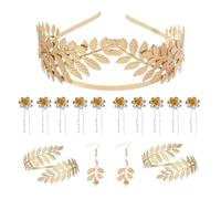 XFSRG Greek Goddess Costume Jewellery Set Wedding Bridal Jewellery Upper Bangle Earrings Laurel Wreath Wedding Boho Leaf Hair Crown Accessories, Alloy Steel
