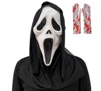 XFSRG Halloween Masks Ghostface Horror Scream Mask Latex Head Mask and Scary Gloves Complete Set for Party Costume Cosplay Halloween Horror Set (White-1)