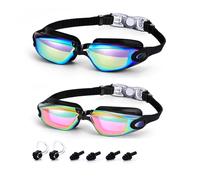 XFSRG Pack of 2 Swimming Goggles Anti-Fog UV Protection Free Field of View with Silicone Nose Bridge and Ear Plugs for Adults Men Women (Gold + Pink)