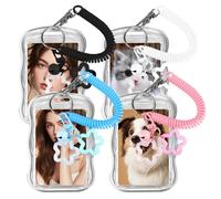 XFSRG Pack of 4 Photocard Holder Transparent Trading Cards with Small Bell Star Card Case Spring Rope Photo Card Holder for ID Idol Photo Display and Bus Card