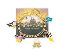 XFSRG Women's Halloween Charm Bracelet Bangle in Steel Unique Design with Pumpkin Bat Black Cat and Spider Web Perfect Accessory for Parties and Special Occasions, L, Chrome, Achat