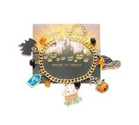 XFSRG Women's Halloween Charm Bracelet Bangle in Steel Unique Design with Pumpkin Bat Black Cat and Spider Web Perfect Accessory for Parties and Special Occasions, L, Chrome, Achat