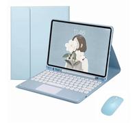 XFTeoux Keyboard Case for Ipad Air 13 Inch (M2) 2024,Round Key Color Touchpad Keyboard Wireless Detachable, Leather Folio Cover with Pencil Holder,Mouse & Keyboard Set,Blue