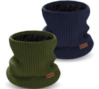 XFUEL Kids Neck Warmer, 2 Pack, Knitted Winter Neck Gaiter, Fleece Lined Infinity Scarf for Boys Girls (navy,army green)