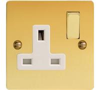XFV4DW Varilight Ultra Flat Plate Polished Brass 1 Gang 13A Switched Plug Socket White Insert by Varilight