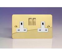 XFV5DW Varilight Ultra Flat Plate Polished Brass 2 Gang 13A Switched Plug Socket White Insert
