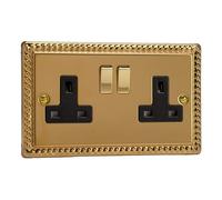 XG5DB Varilight Classic Georgian Brass 2 Gang 13A Plug Socket Decorative & Black Insert