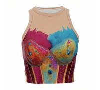 Xgdsnly Halter Crop Shirt with Feathers Glittery Glitter Halter Top with Translucent Yoke Sleeveless Apparel for Artists, Parties, XL